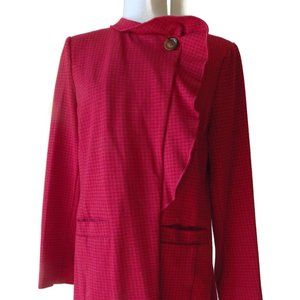 Versatile CAbi Knit Coat/ Red Houndstooth Print/ Ruffled Collar/ Size LARGE